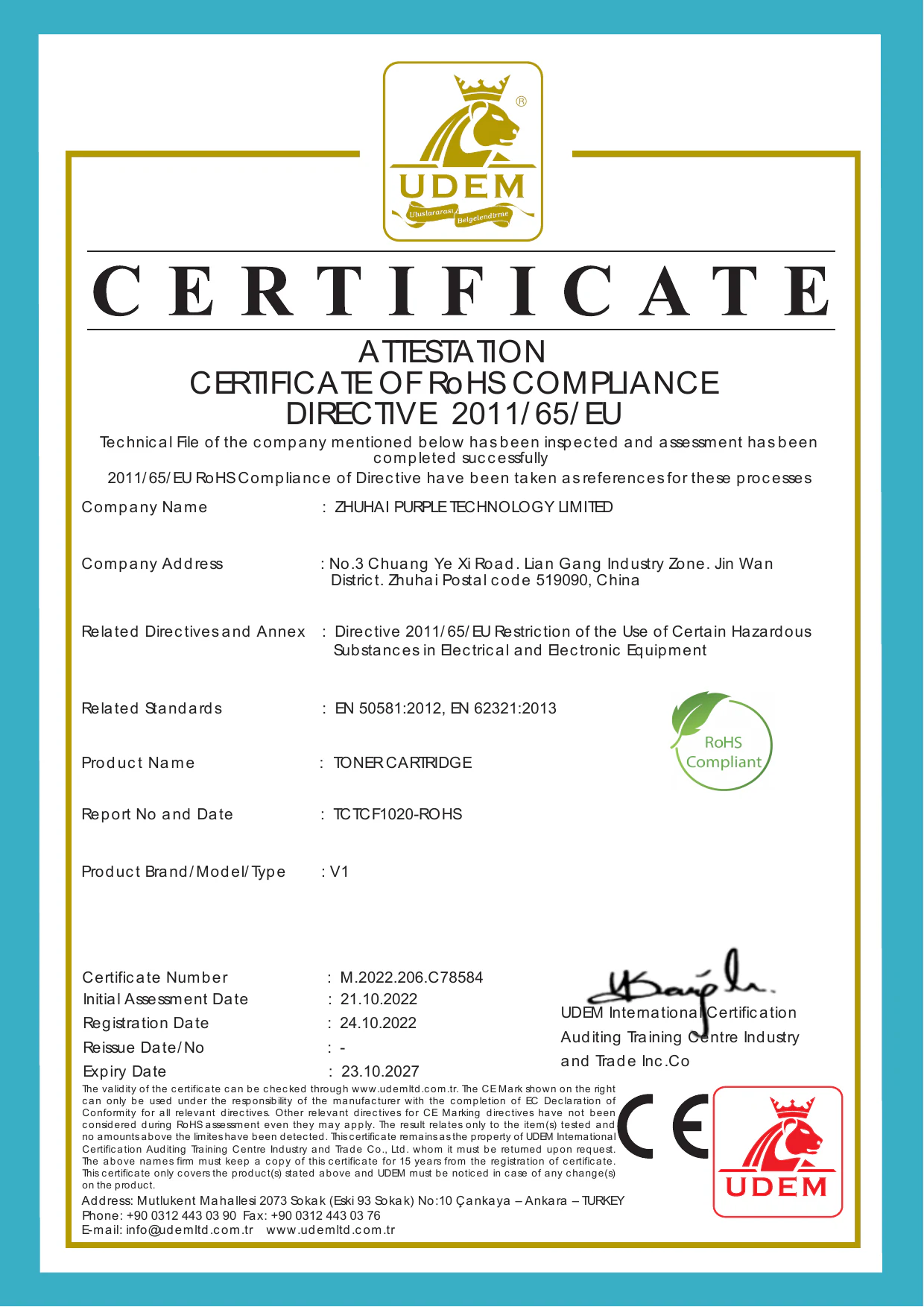 RoHS compliance attestation for toner cartridge model V1 naming Zhuhai Purple Technology Limited